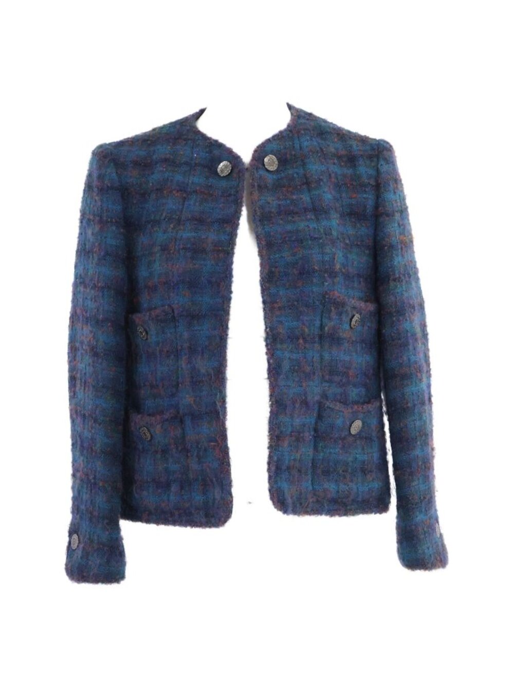 Chanel Check CC Logo Button Tweed Collarless Jacket 36